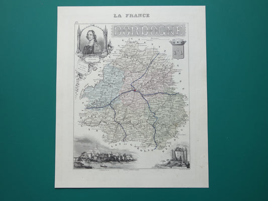 Oude kaart van Dordogne uit 1870 originele antieke landkaart Périgueux departement Frankrijk