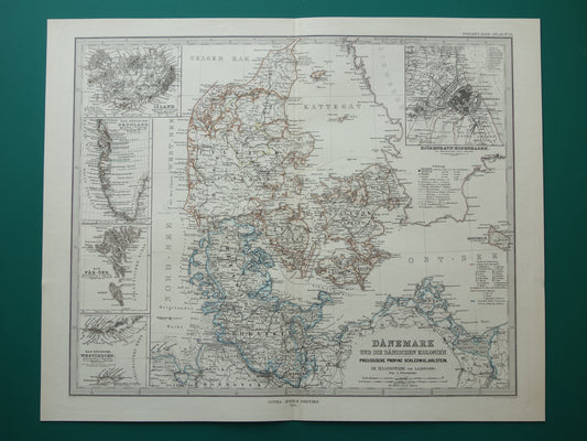 Oude kaart van Denemarken 1880 originele antieke landkaart Kopenhagen Ijsland Groenland vintage kaarten met jaartal
